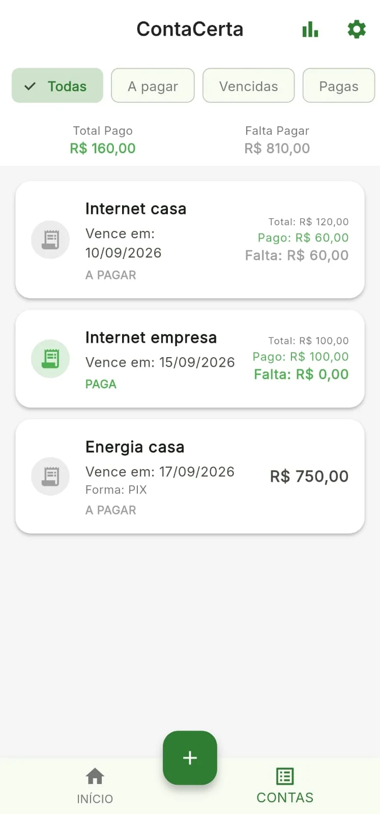 Aplicativo Conta Certa para controle de contas a pagar, a receber e calendário financeiro